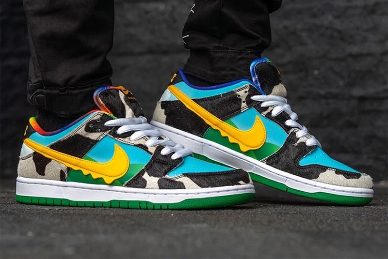Colorful low-top sneakers shown on foot